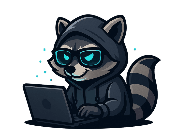 The Raccoonix mascot — a hooded raccoon with cyan glasses working on a laptop
