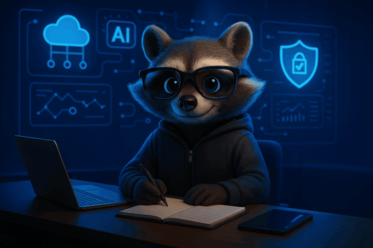 Raccoon analyst writing notes in front of cloud and AI dashboards